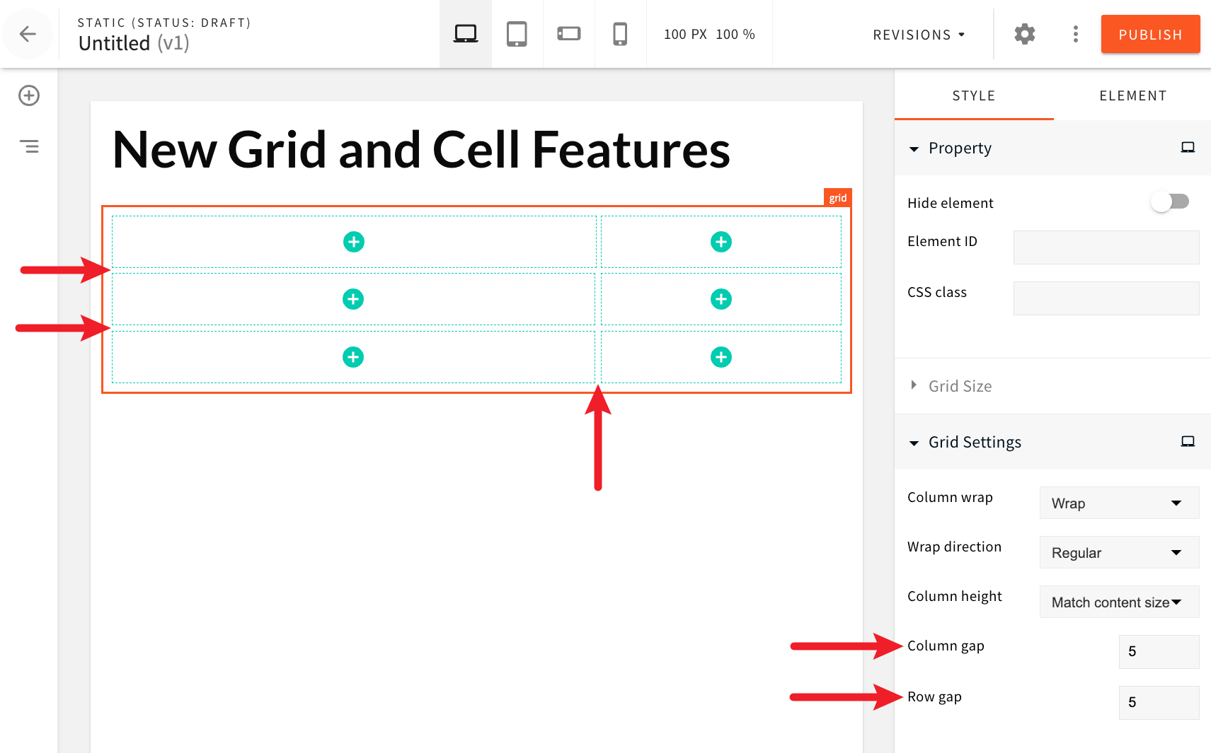 Column and Row gap settings